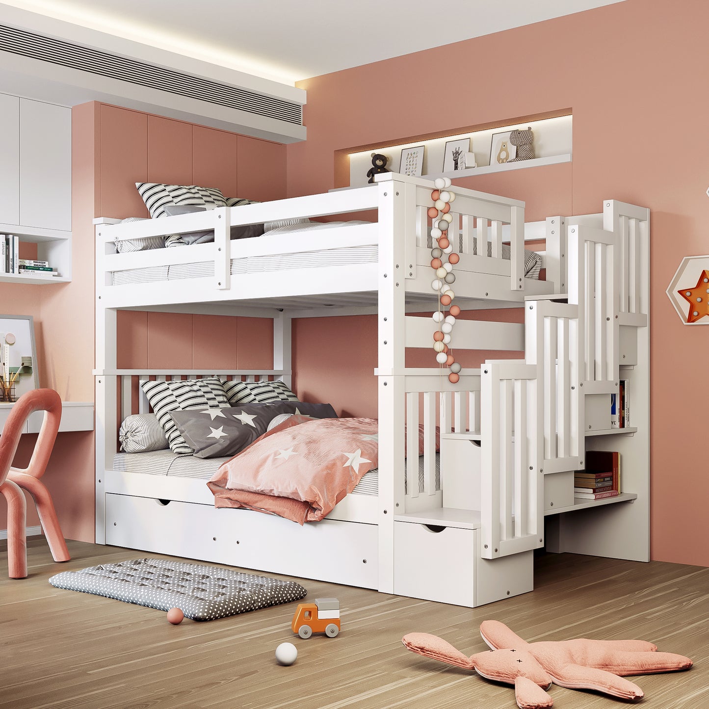 White Twin Over Twin Bunk Bed with Shelves and 6 Storage Drawers