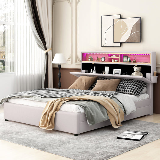 Queen Size Upholstered Platform Bed with Storage Headboard, LED, USB Charging and 2 Drawers, Beige