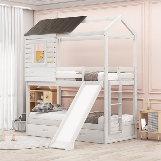 House-Shaped Twin Bunk Bed with Slide and Storage Drawers, Antique White