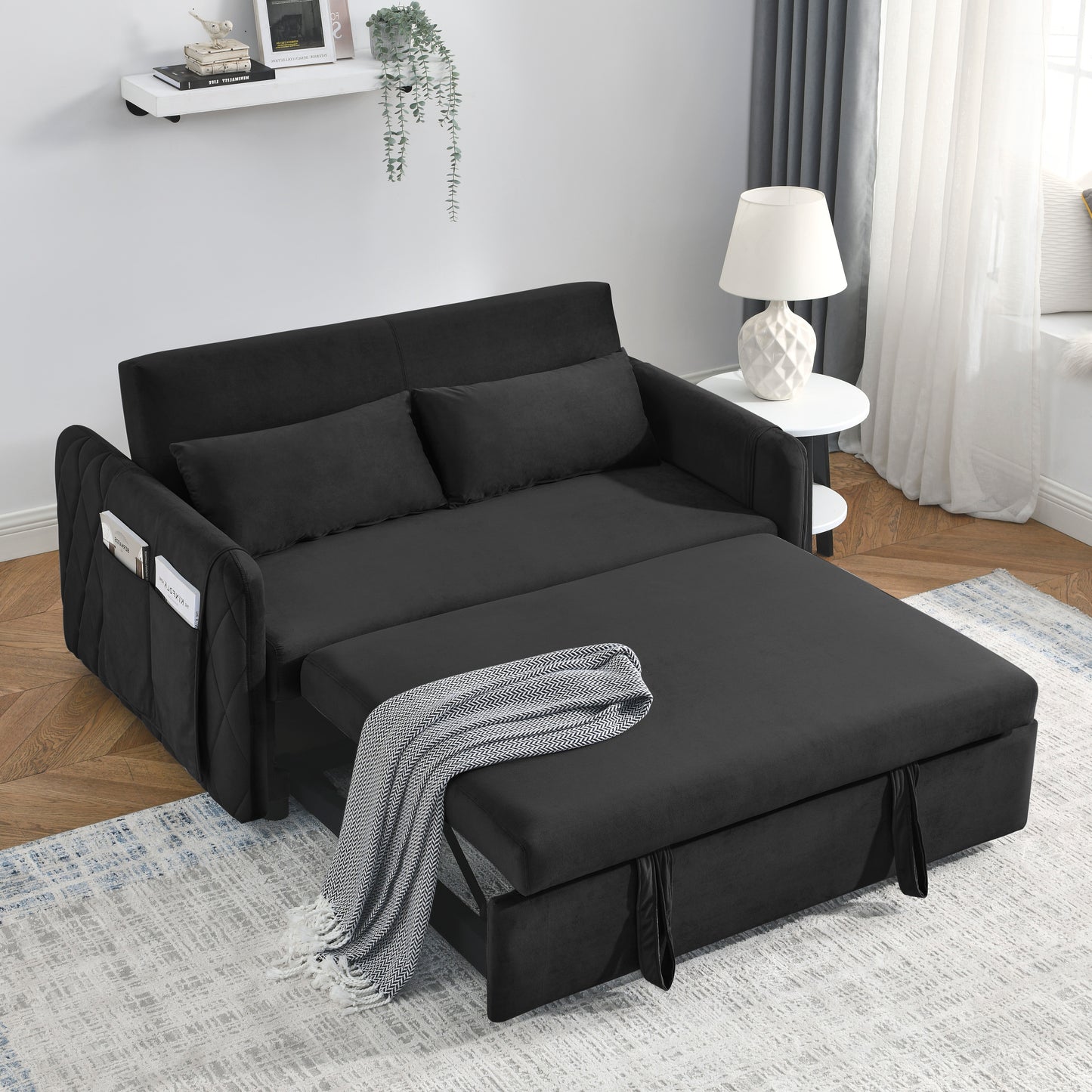 55 Modern Velvet Convertible Sofa Bed with Adjustable Backrest and Detachable Arm Pockets