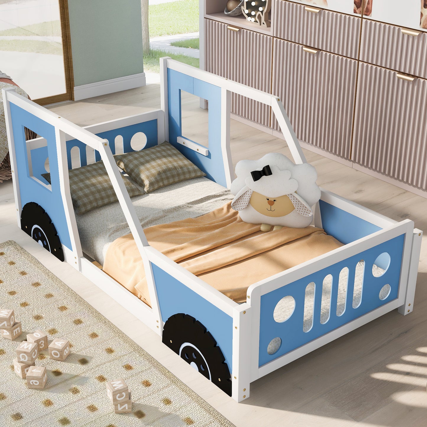 Twin Size Classic Car-Shaped Platform Bed with Wheels,Blue