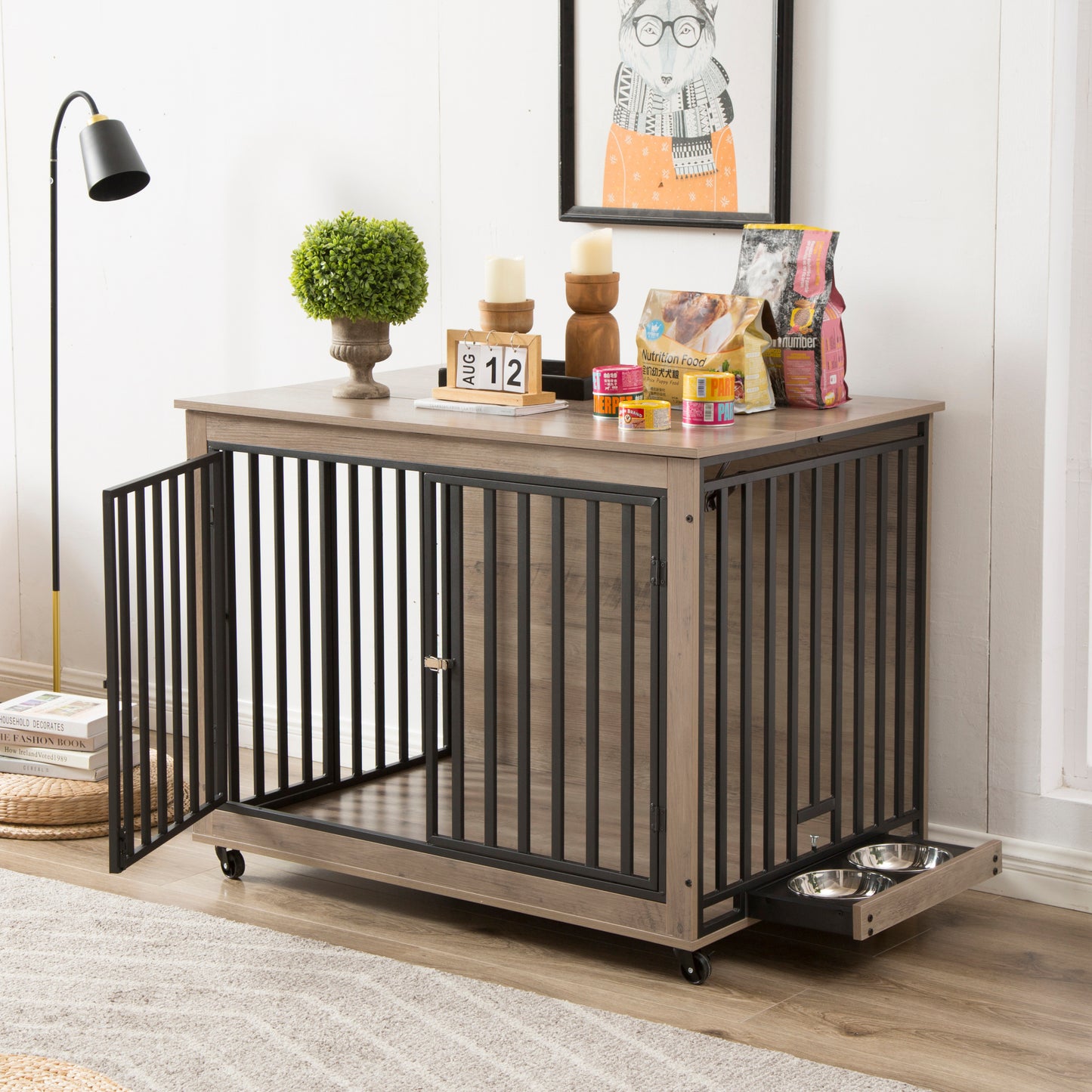 Furniture Style Dog Crate Side Table With Feeding Bowl, Wheels, Three Doors, Flip-Up Top Opening. Indoor, Grey, 43.7"W x 30"D x 33.7"H