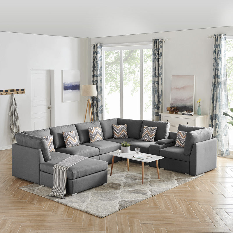 Amira Grey Fabric Configurable Sectional Sofa with USB Console and Ottoman