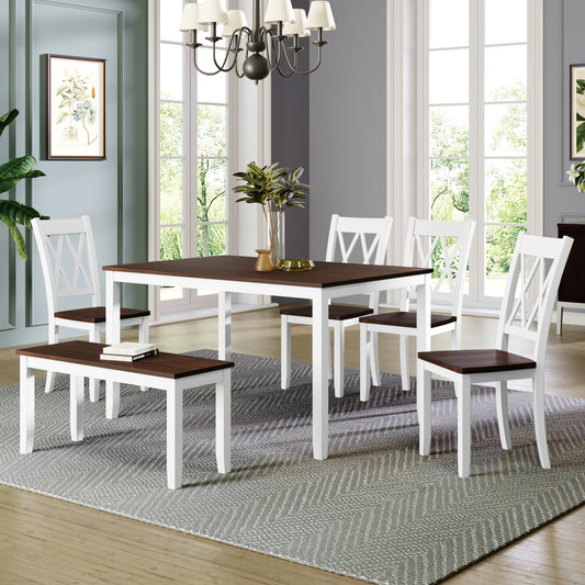 6-piece Wooden Kitchen Table set, Farmhouse Rustic Dining Table set with Cross Back 4 Chairs and Bench,White+Cherry