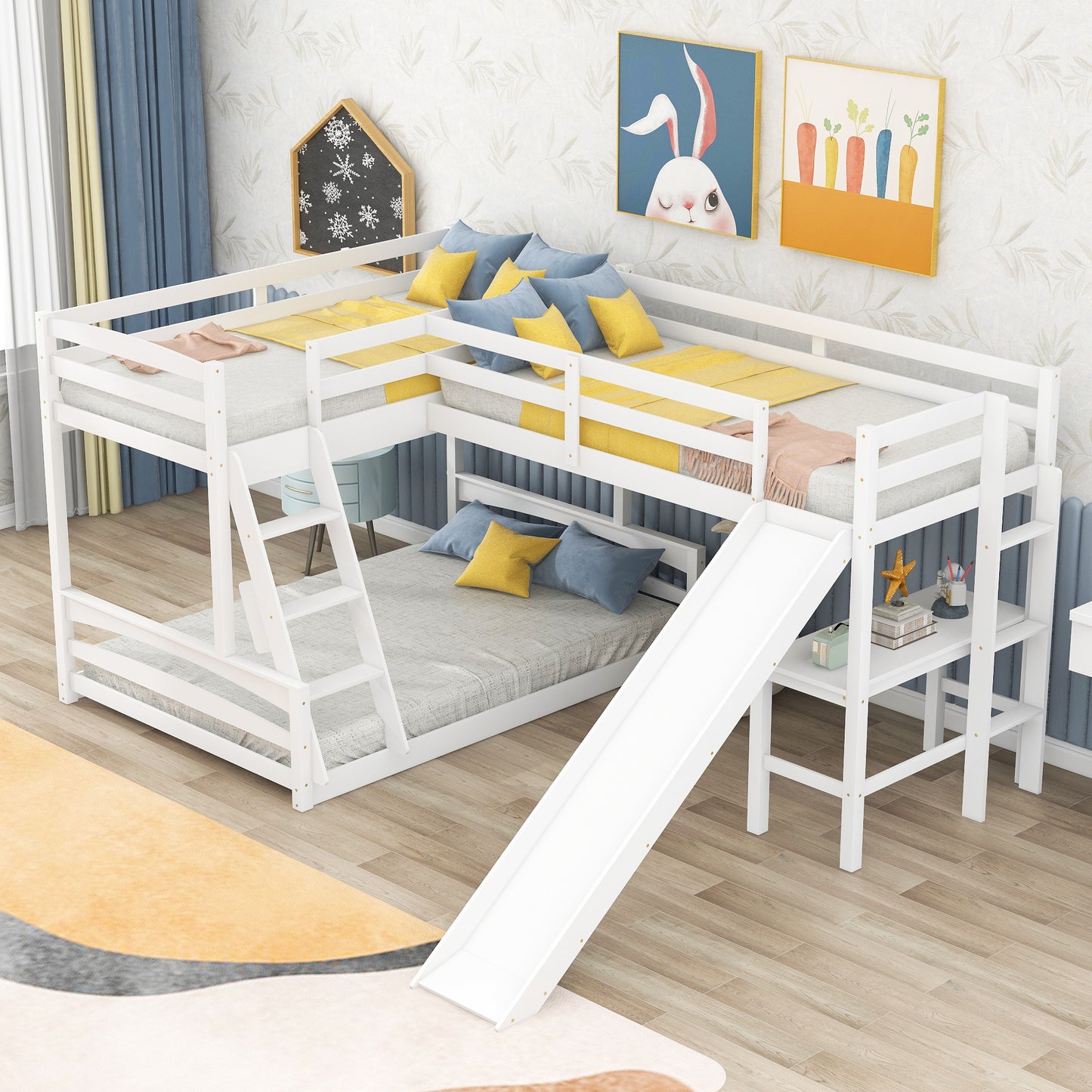 Combined L-Shaped Loft Bunk Bed Set with Desk, Slide & Guardrail in White