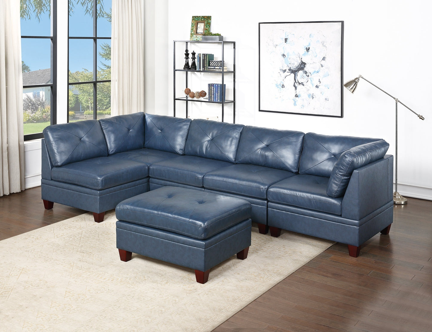 Luxurious Ink Blue Genuine Leather Modular Sofa Set with Tufted Design