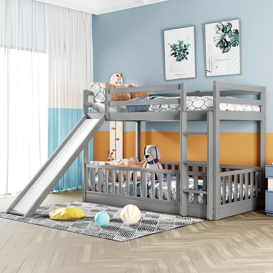 Gray Twin Bunk Bed with Slide, Ladder, and Space-Saving Design for Cozy Bedrooms