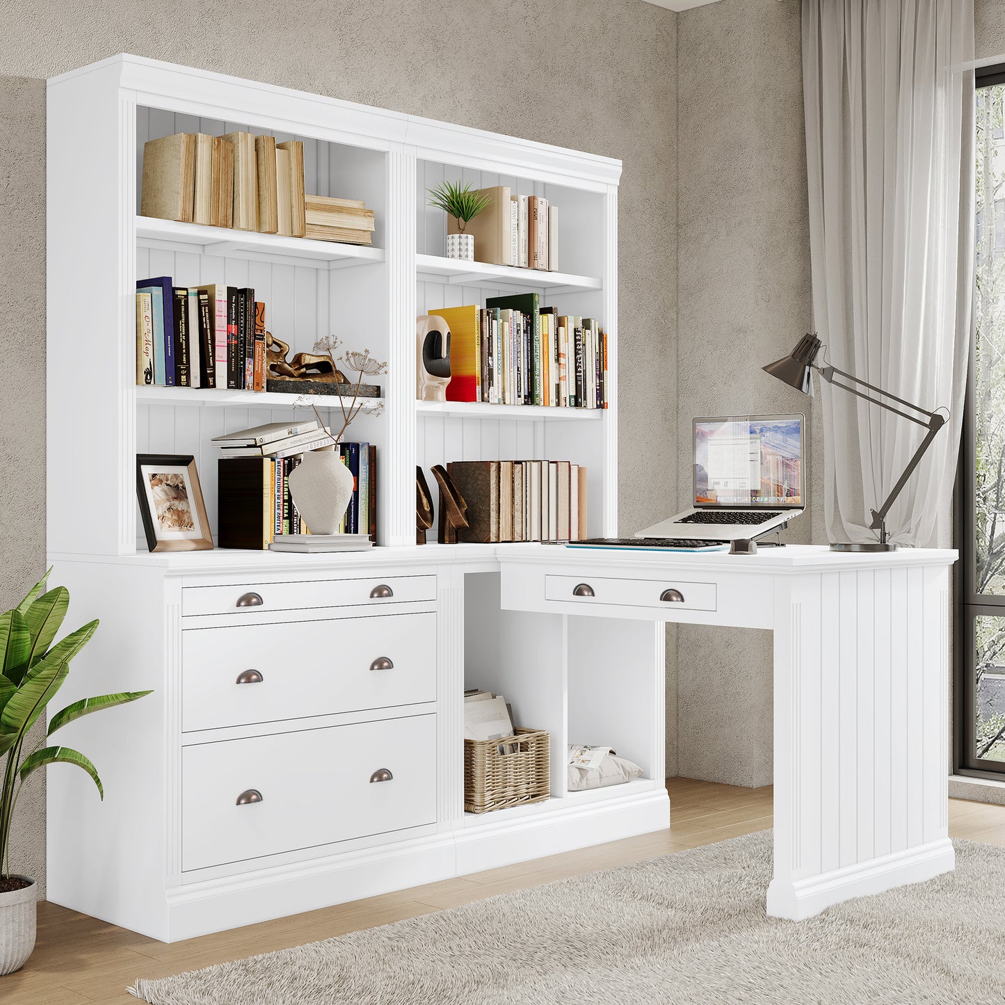 Modern White 83.4 Bookshelf and Writing Desk Suite with LED Lighting and Drawers