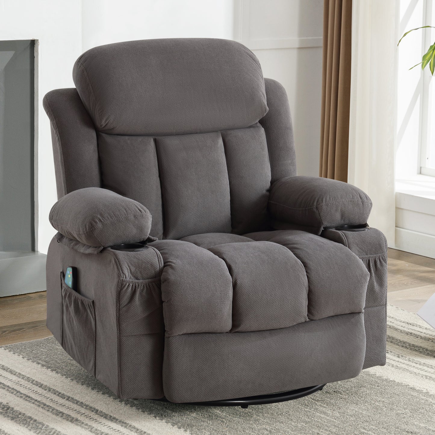 Swinging Recliner Massage Heated Sofa with USB and Cup Holders in Luxurious Grey Velvet