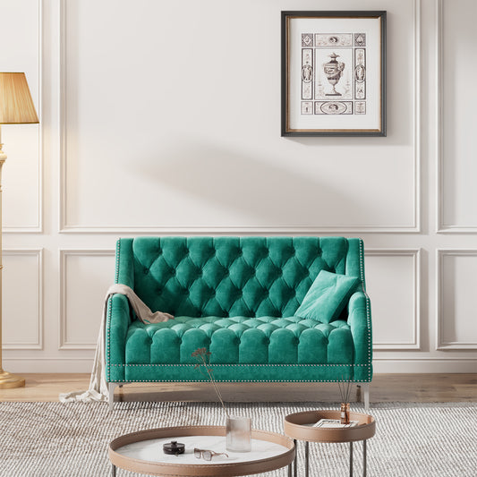 55.5 Green Plush Upholstered Modern Sofa with Metal Legs