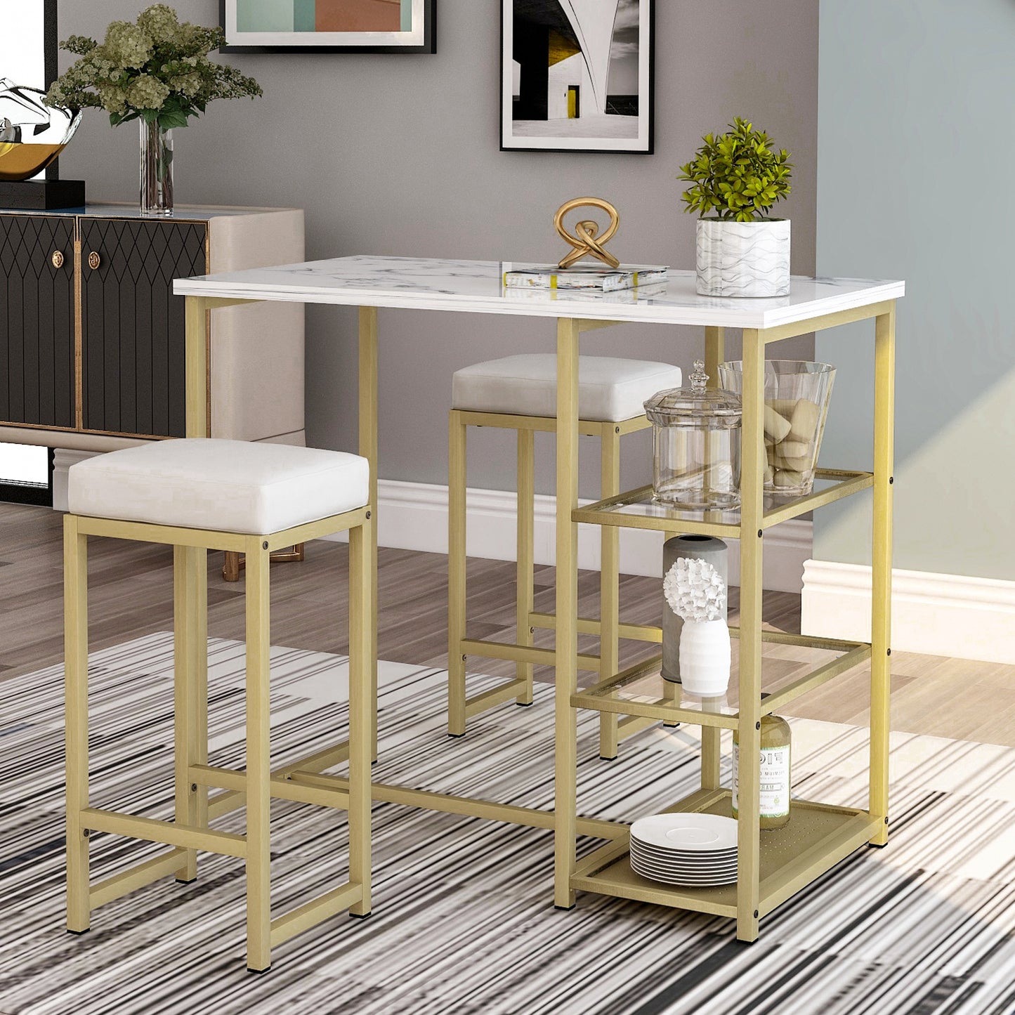 TREXM 3-piece Modern Pub Set with Faux Marble Countertop and Bar Stools, White/Gold