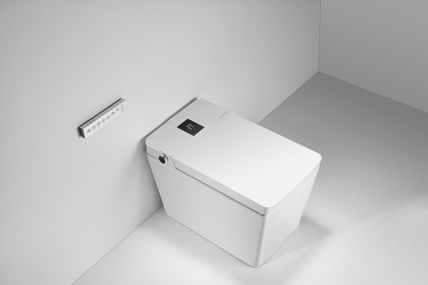 Multifunctional flat square smart toilet with automatic flush with remote control/foot sensor/night light/glass display White