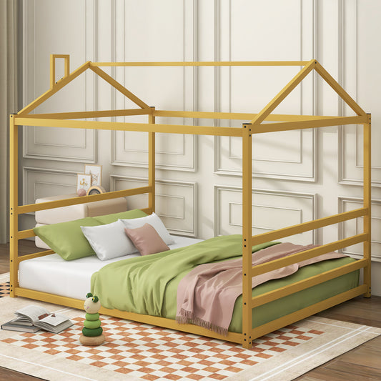 Metal House Shape Platform Bed, Gold, Queen