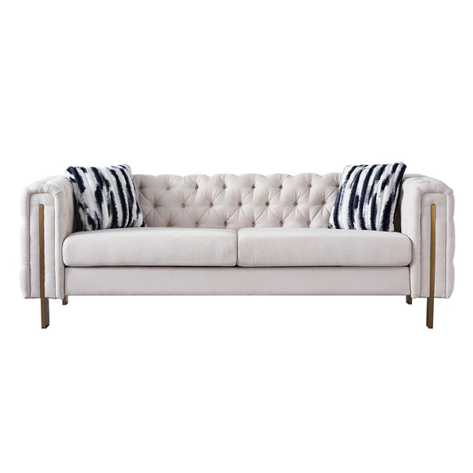 Modern Living Room Sofa Linen Square Arm Sofa, 84.25" W Couch, Beige