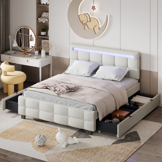 Queen Size Upholstered Platform Bed with LED Frame and 4 Drawers, Linen Fabric, Beige