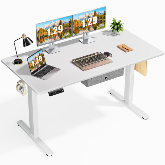 Height-Adjustable Electric Standing Desk with Drawer and Memory Presets, 55 x 24 Inches White