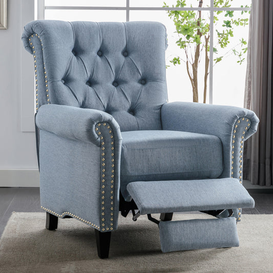 Luxurious Blue Linen Recliner with Pushback Function and Nailhead Trim