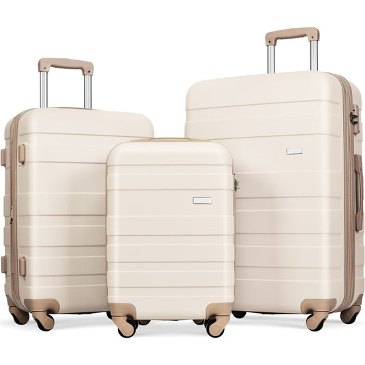 Luggage Sets New Model Expandable ABS Hardshell 3pcs Clearance Luggage Hardside Lightweight Durable Suitcase sets Spinner Wheels Suitcase with TSA Lock 20''24''28''( Ivory and Golden)