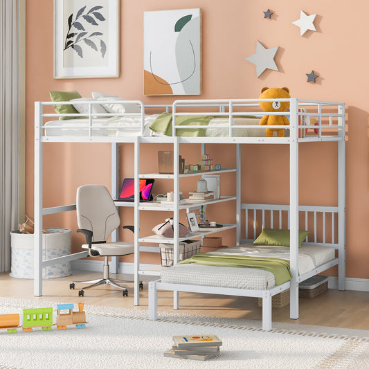 White Metal Bunk Bed with Desk, Shelves, and Ladder for Maximizing Space and Storage