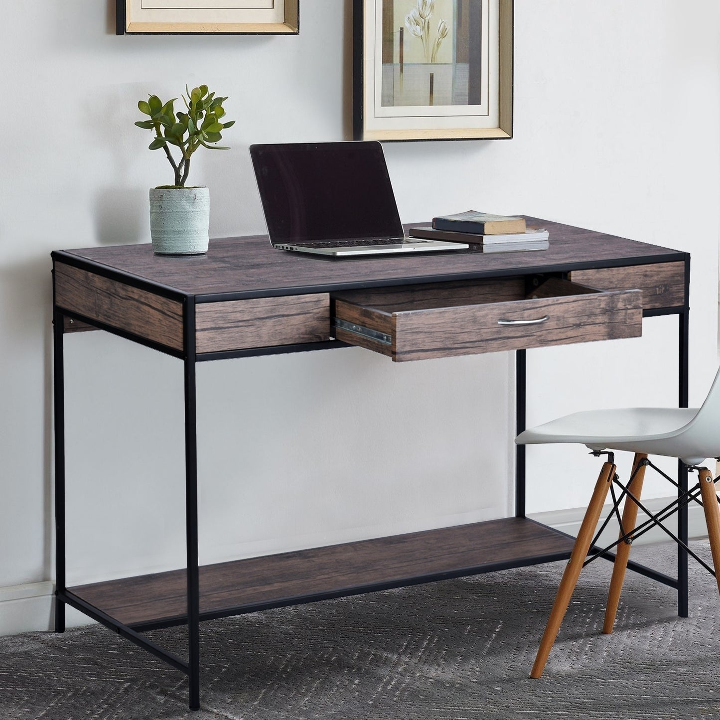 43.3 Rustic Writing Desk with Drawer, Walnut & Black