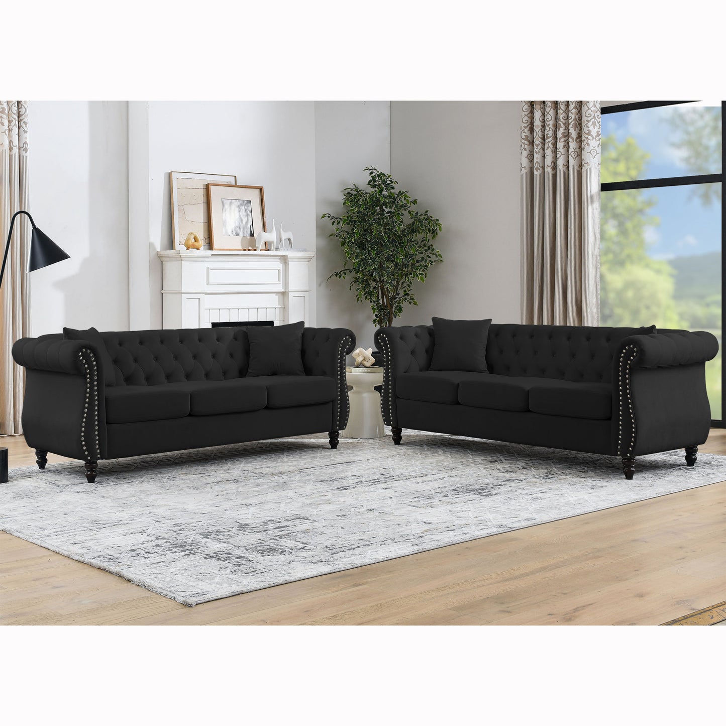 Elegant 80 Black Velvet Chesterfield Sofa with Rolled Arms