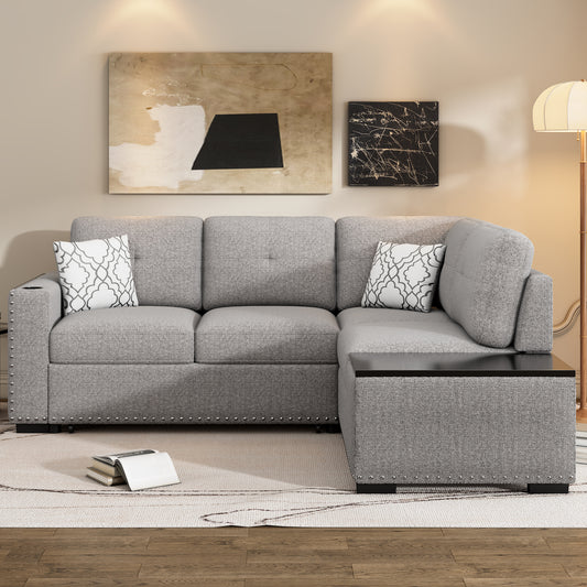 Convertible L-Shaped Sectional Sleeper Sofa with Storage Chaise and Charging Ports in Light Gray