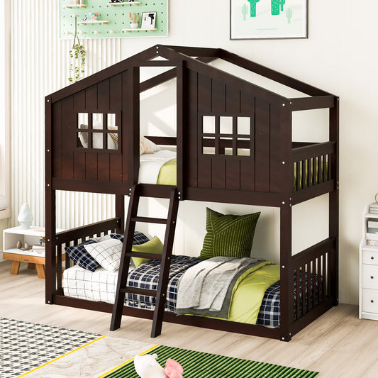 House Loft Bunk Bed with Playful Roof Design and Rustic Charm, Espresso Finish