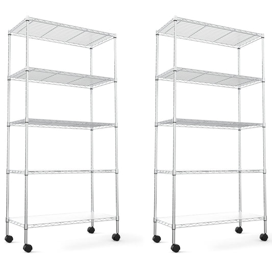 2 Pack 5 Tier Shelf Wire Shelving Unit, NSF Heavy Duty Wire Shelf Metal Large Storage Shelves Height Adjustable Utility for Garage Kitchen Office Commercial Shelving Steel Layer Shelf - Chrome