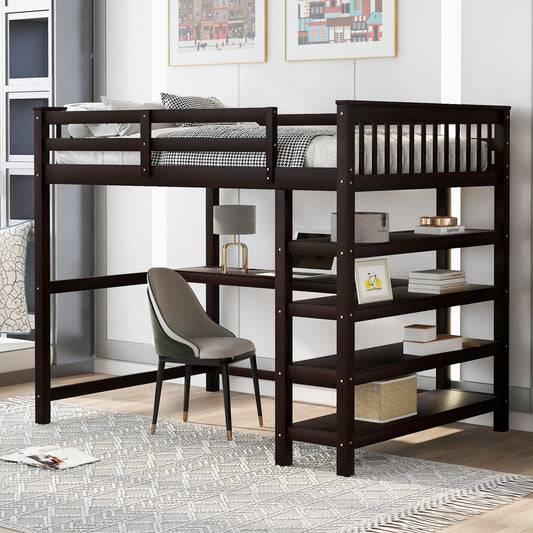 Full Size Loft Bed with Storage Shelves and Under-bed Desk, Espresso