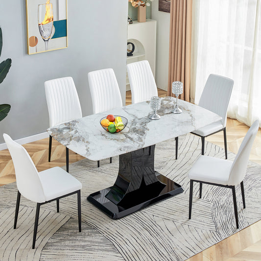 Faux Marble Dining Table Set with Convertible Base, Luxury Rectangular Kitchen Table for 6-8, Modern White Faux Marble Dining Room Table with MDF Base, Dining Table & 6 Chairs