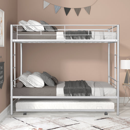 Metal Twin Bunk Bed with Trundle and Safety Features for Versatile Use