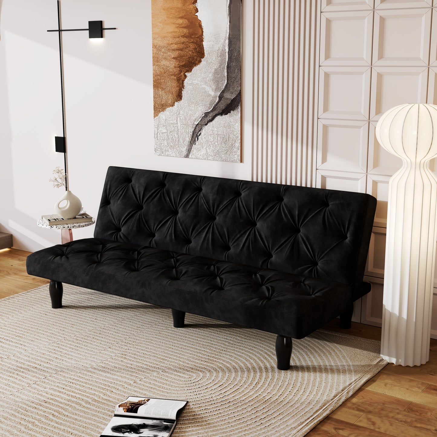 Convertible Black Velvet Sofa Bed for Family Living Room, Apartment, or Bedroom