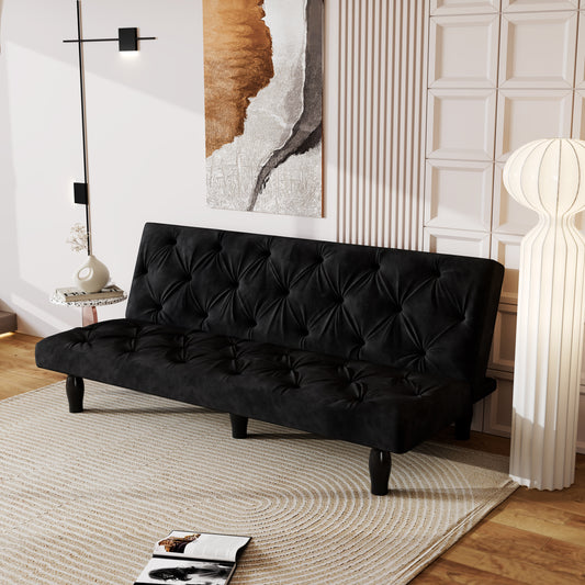 Convertible Black Velvet Sofa Bed for Family Living Room, Apartment, or Bedroom