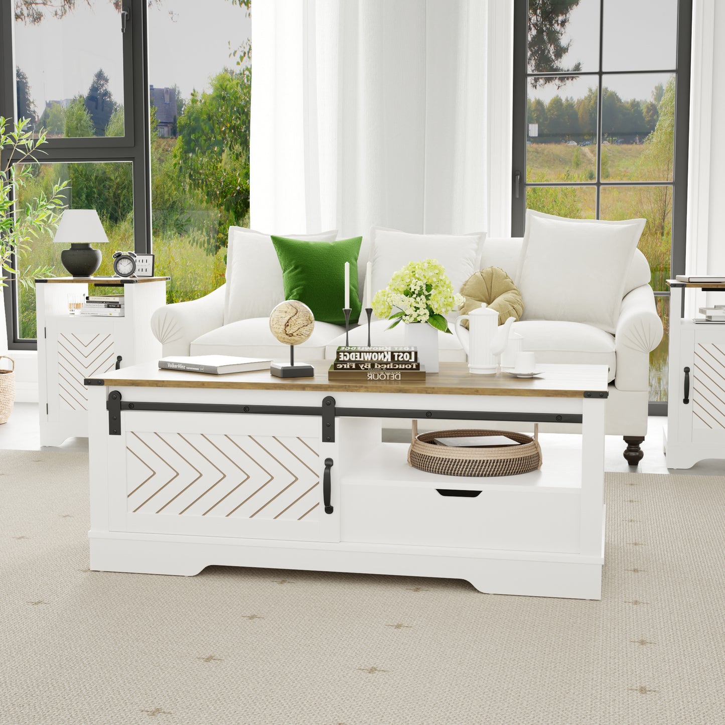 Barn Style Sliding Coffee Table with Ample Storage in White & Oak