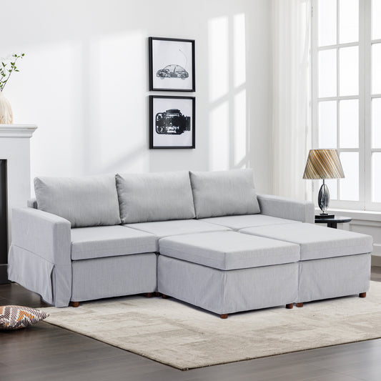 3 Seat Modular Sectional Sofa with Ottoman Set, Light Grey Linen with Removable Washable Cushions