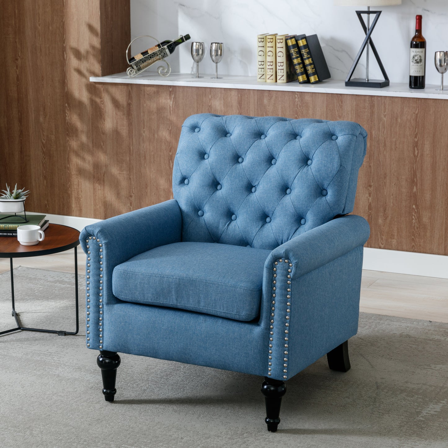 Accent Chairs for Bedroom, Midcentury Modern Accent Arm Chair for Living Room, Linen Fabric Comfy Reading Chair, Tufted Comfortable Sofa Chair, Upholstered Single Sofa, Blue