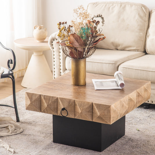 Square Vintage Coffee Table with 3D Embossed Pattern, Drawers, and Solid Wood Base