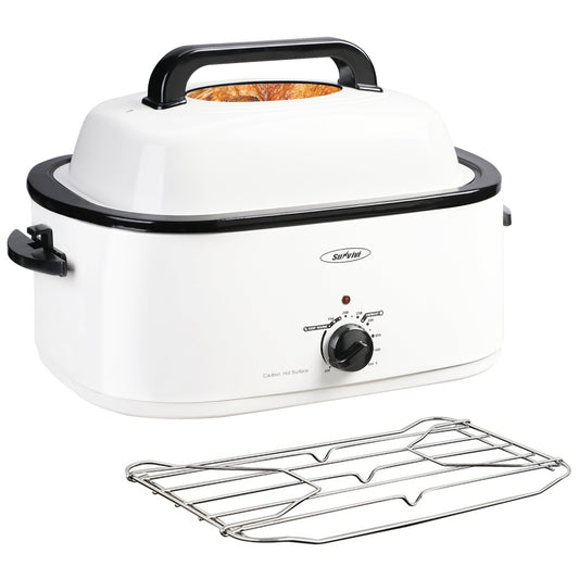 White Stainless Steel Electric Turkey Roaster with Temperature Control and See-through Lid