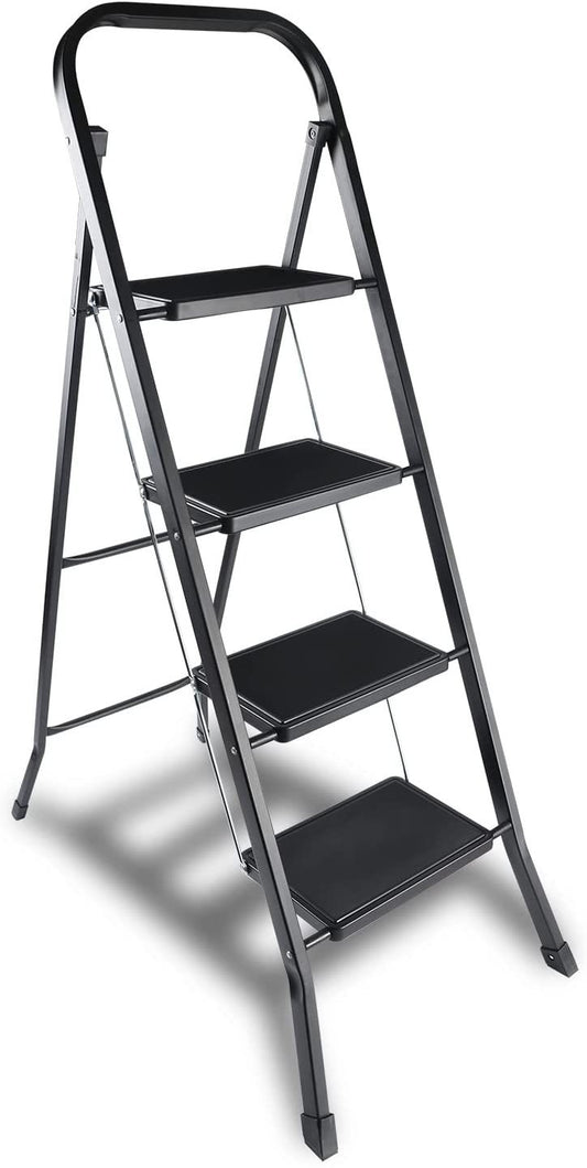 4 Step Ladder, Folding Step Stool with Wide Anti-Slip Pedal, 330 lbs Sturdy Steel Ladder, Convenient Handgrip, Lightweight, Portable Steel Step Stool, Black (HILADDFOLD4B)