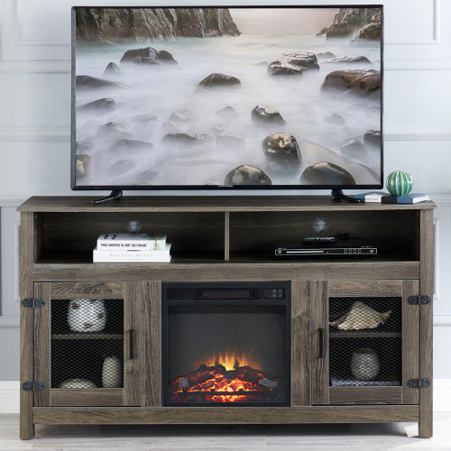 Industrial Style Electric Fireplace TV Stand with Storage Cabinet, Fits up to 65 Flat Screen TV, Grey