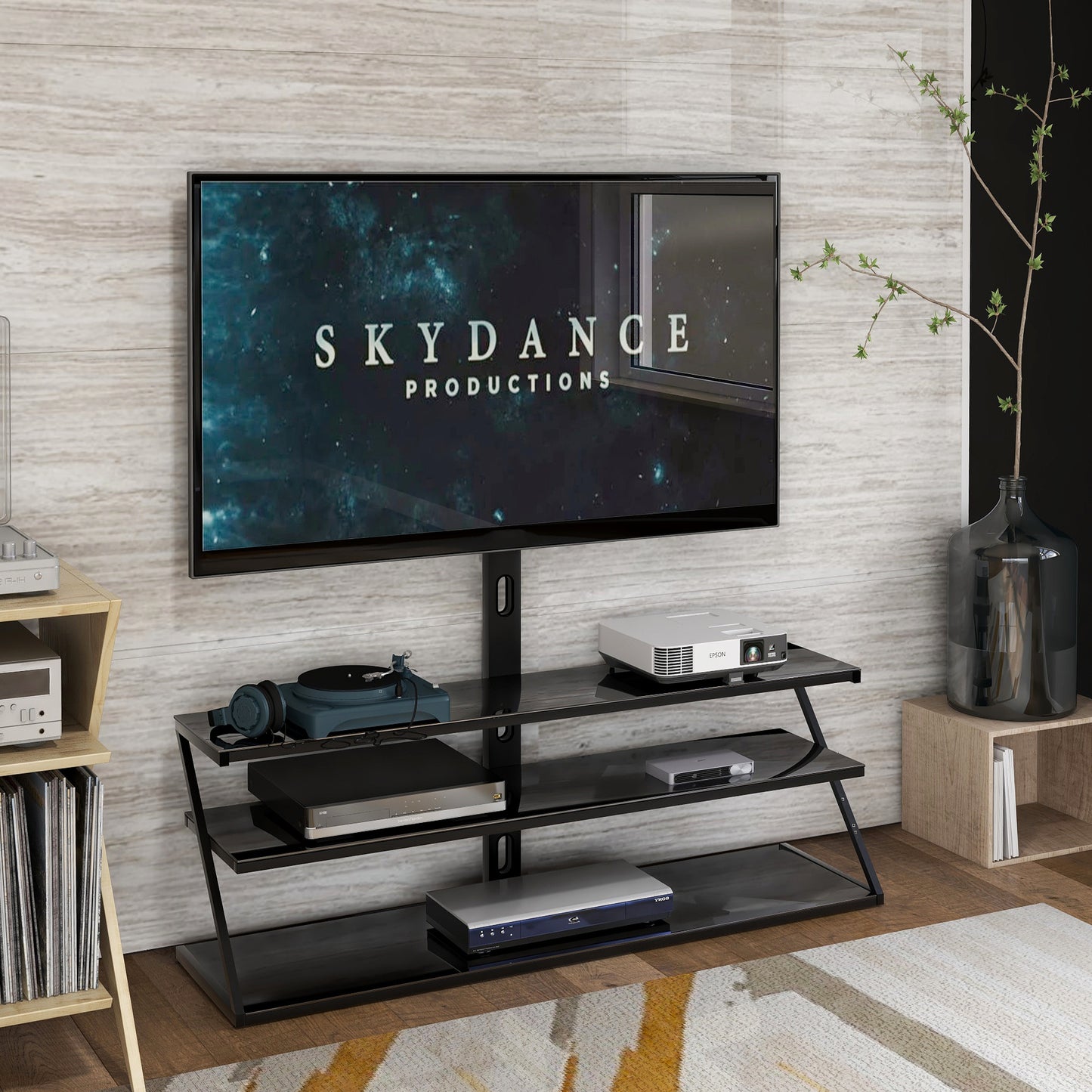 Swivel Glass Entertainment Center with Height Adjustable TV Stand