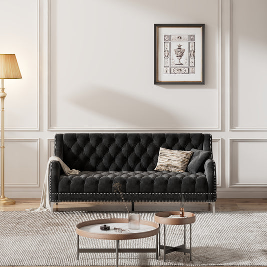 78 Contemporary Plush Upholstered Sofa with Metal Legs and Button Tufted Back in Black