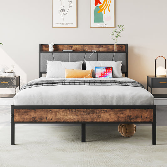 Full Size Bed Frame, Storage Headboard with Charging Station, Solid and Stable, Noise Free, No Box Spring Needed, Easy Assembly,Vintage Brown and Gray