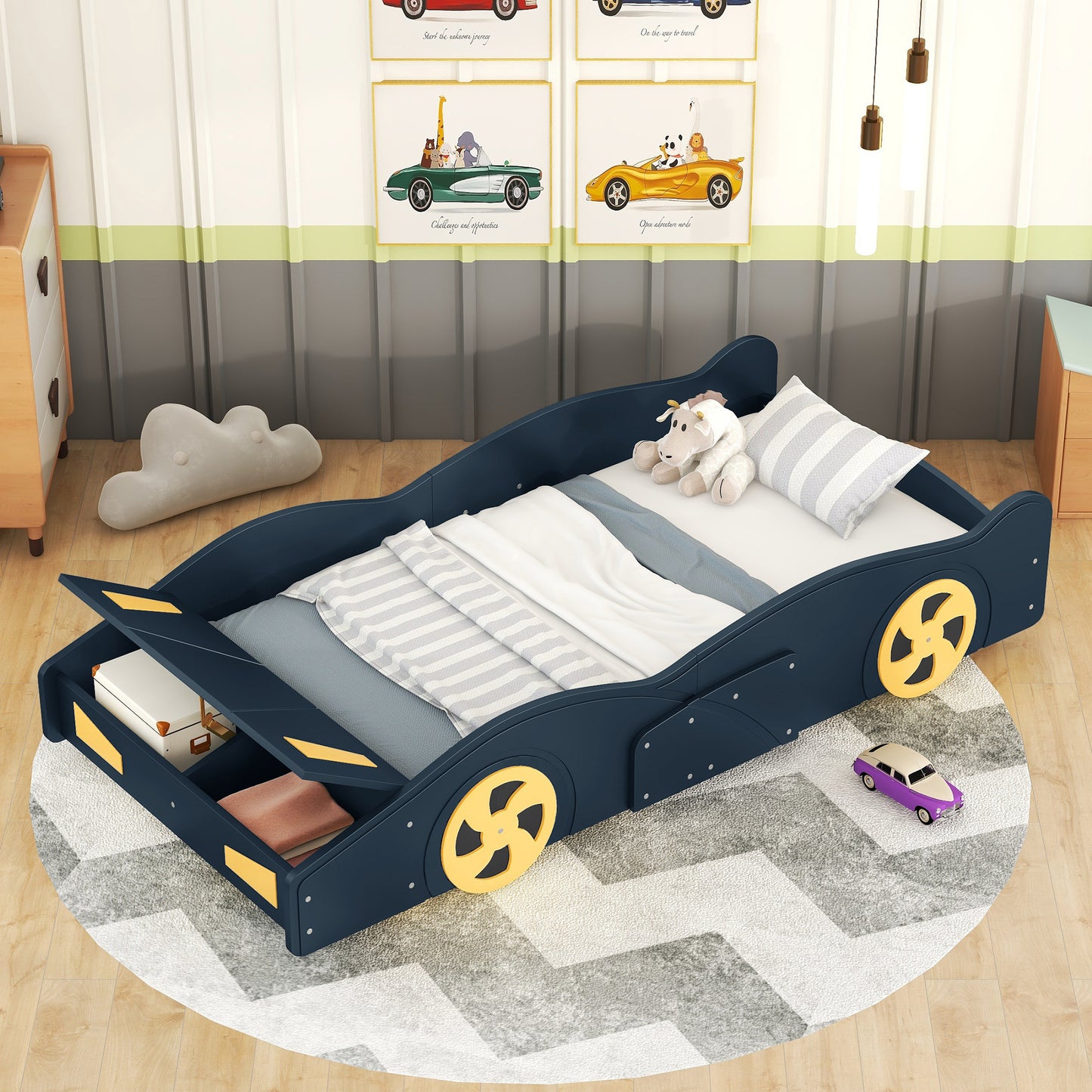 Twin Size Race Car-Shaped Platform Bed with Wheels and Storage, Dark Blue+Yellow