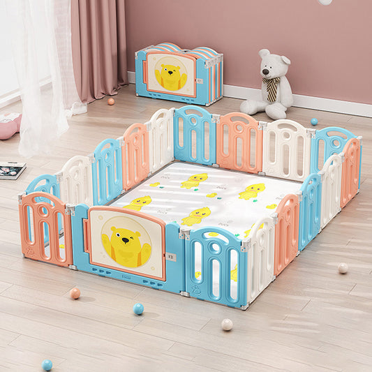 Bear Macaron Color Foldable Playpen, Baby Safety Play Yard With Fence Indoor Toys With Play mat 16panel and 1 play mat