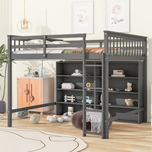 Full Size Loft Bed with 8 Open Storage Shelves and Built-in Ladder, Gray(Expected Arrival Time:1.5)