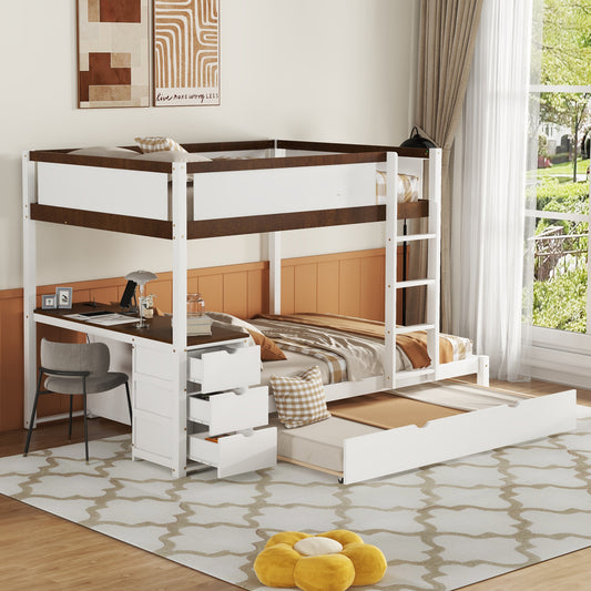 Full-Over-Full Bunk Bed with Twin Trundle, Desk, and Storage in White and Walnut - Space-Saving Bunk Bed with Trundle, Desk, and Storage in White/Walnut