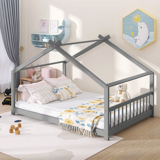 Full Size House Bed Wood Bed, Gray