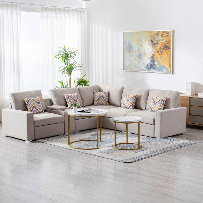 Nolan Beige Linen Fabric 6-Piece Reversible Sectional Sofa with USB, Charging Ports, Cupholders, Console Table, Pillows, and Interchangeable Legs