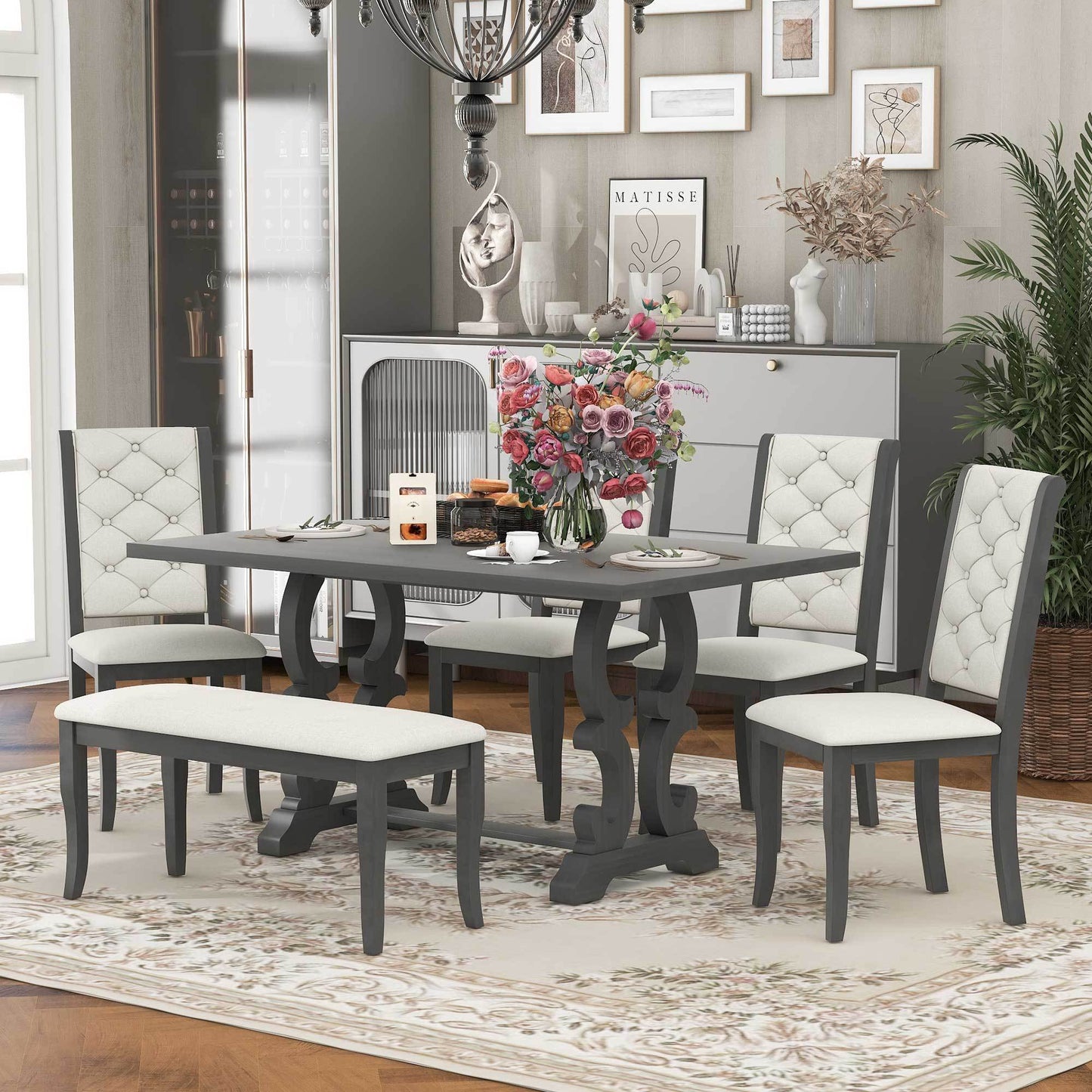 TREXM 6-Piece Retro Dining Set with Unique-designed Table Legs and Foam-covered Seat Backs&Cushions for Dining Room (Antique Grey)